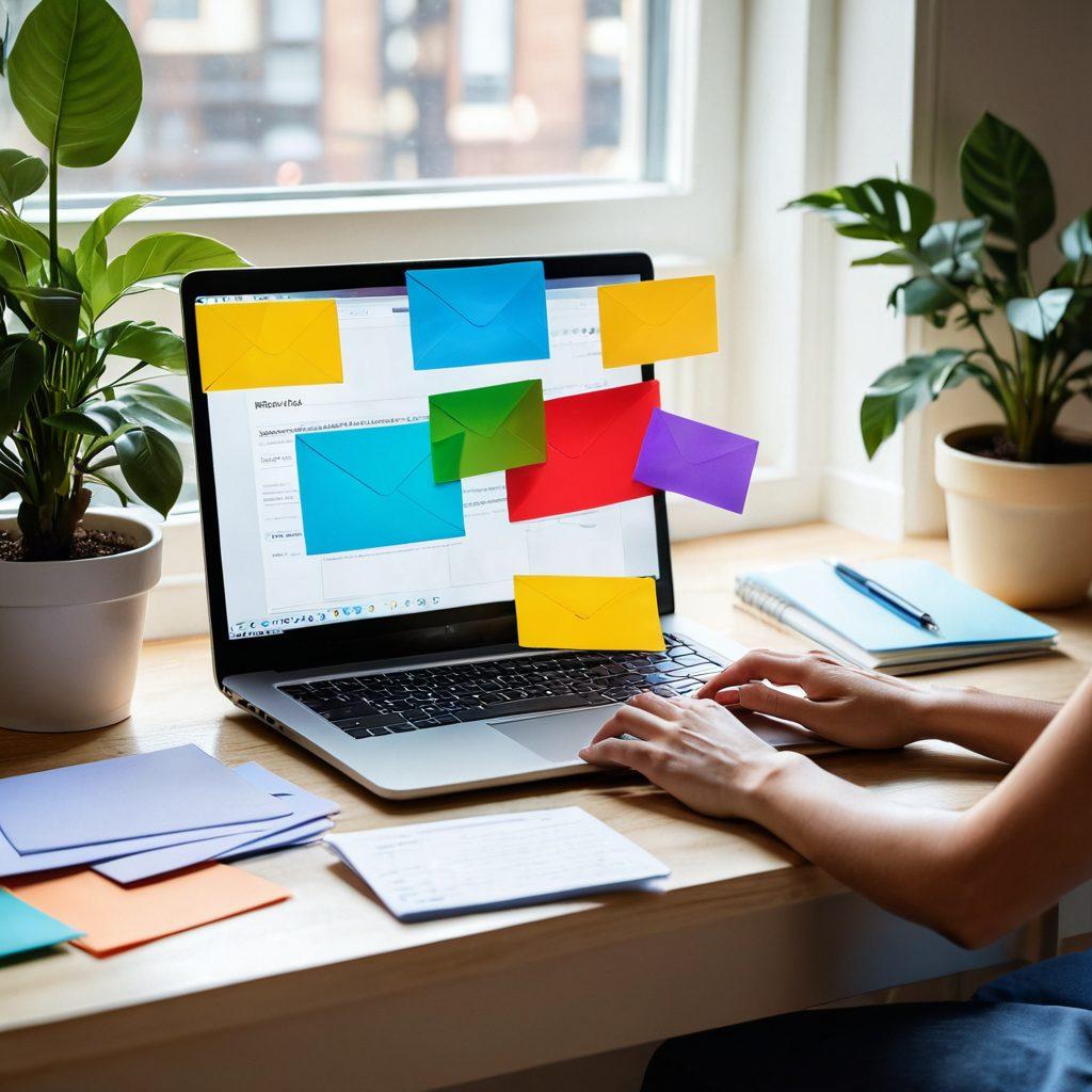A serene workspace with an open laptop displaying an overflowing inbox, surrounded by colorful envelopes symbolizing email subscriptions. A person’s hand is poised over the keyboard, ready to unsubscribe, while a calming indoor plant adds a touch of tranquility. Soft natural light filters through a window, casting gentle shadows, emphasizing organization and clarity. super-realistic. vibrant colors. minimalist style.