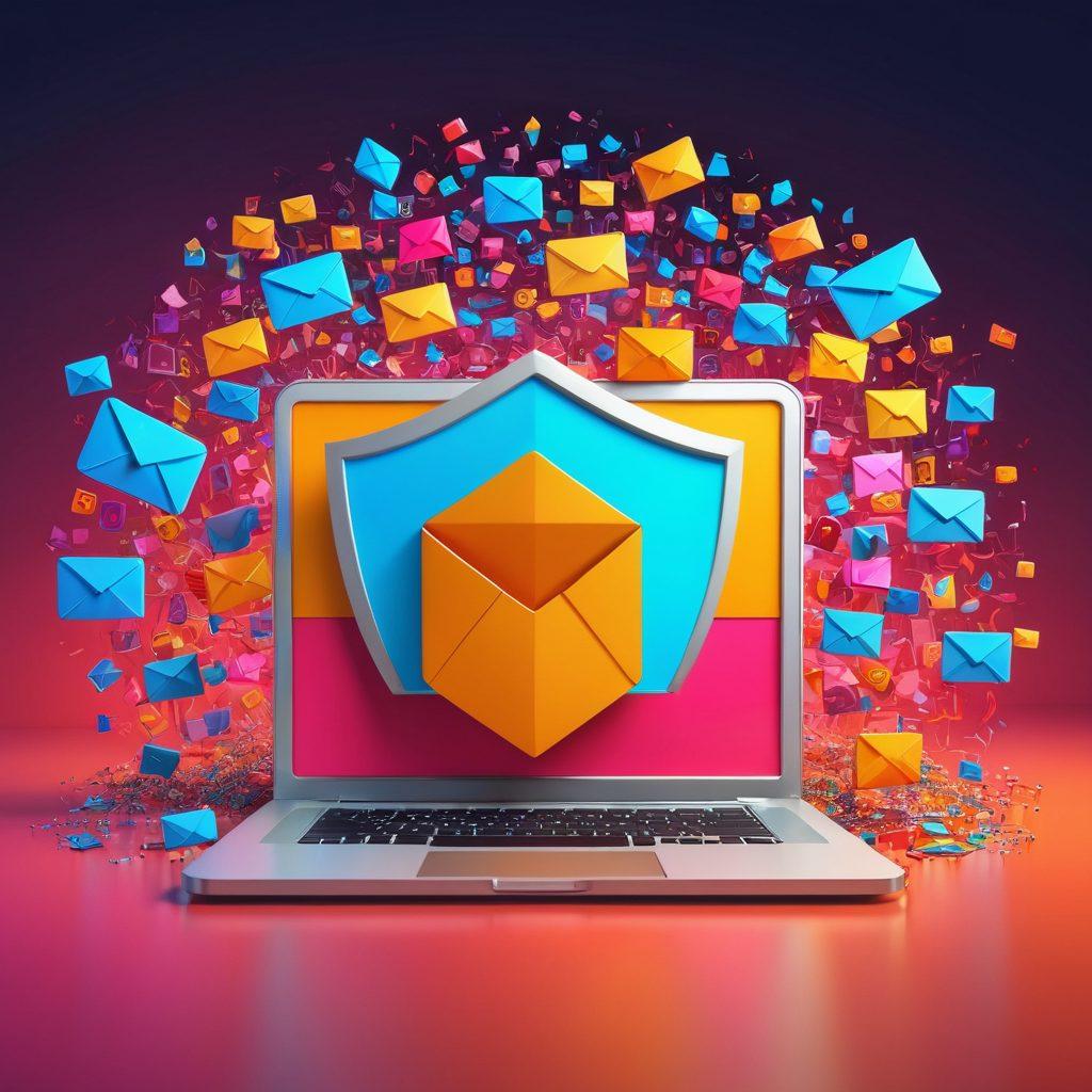A digital fortress built from email symbols and a shield representing digital privacy, surrounded by an array of colorful spam emails being repelled. In the background, a calm and organized inbox interface appears, symbolizing effective email management. Warm but contrasting colors to highlight the chaos of spam versus the serenity of privacy. Illustrative style with a modern twist. vibrant colors. 3D.