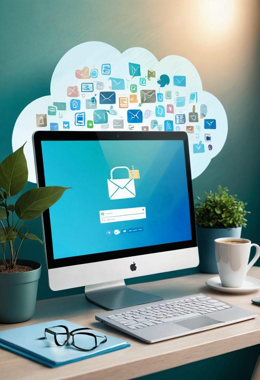 A serene desk scene featuring a laptop displaying an inbox filled with email subscriptions, overlaid with a large, semi-transparent lock symbol to signify privacy. Surrounding the laptop are scattered papers and a cup of coffee, creating a cozy atmosphere. Above, a dreamlike cloud filled with icons representing various subscription services. The color palette should be calming blues and greens, enhancing a sense of security and organization. digital illustration. soft focus. vibrant colors.